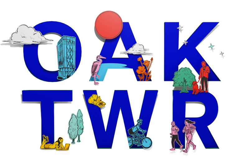 Oakland Tower logo illustrated with fluffy clouds, bountiful nature, and active people