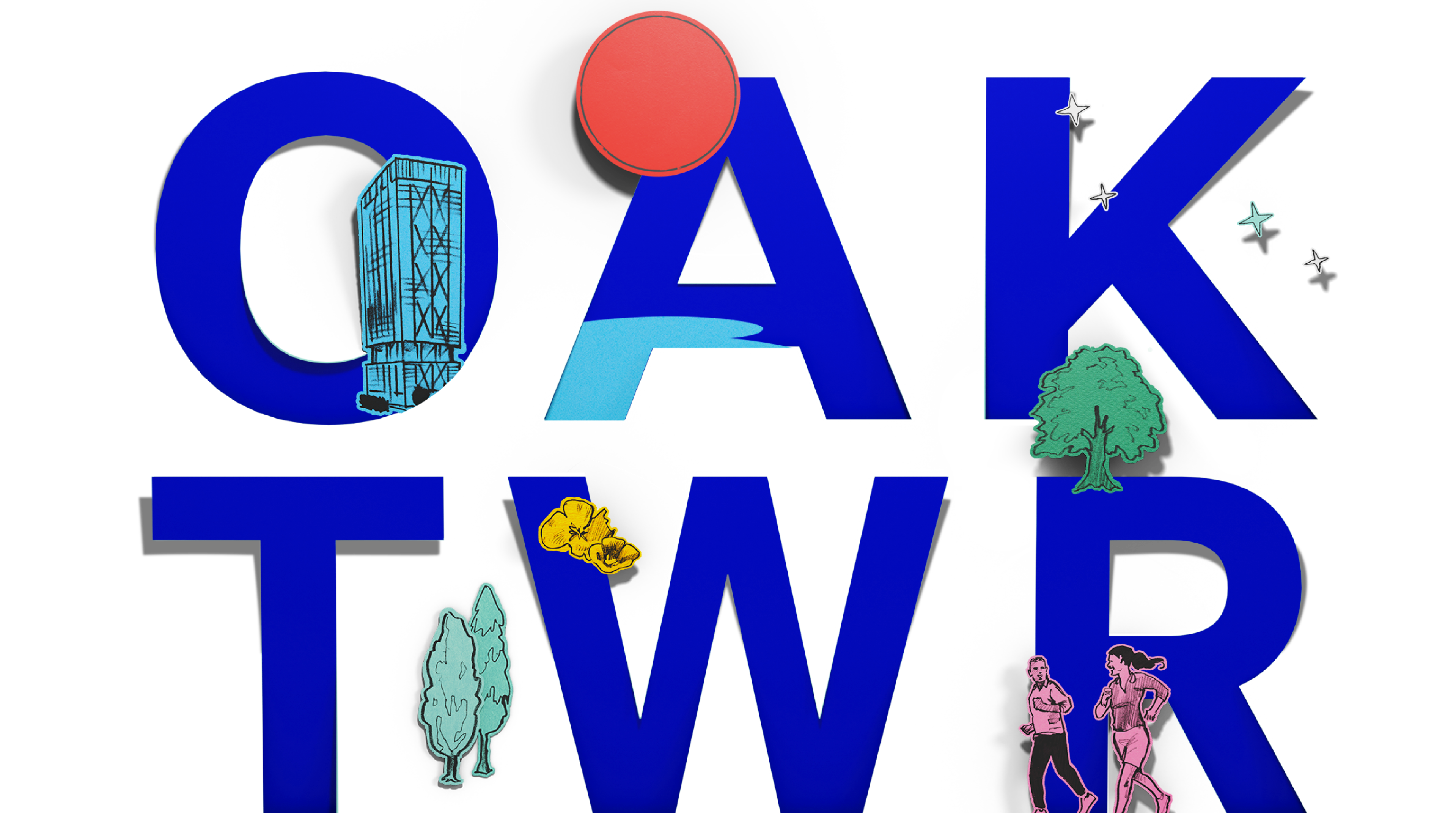 Oakland Tower logo illustrated with fluffy clouds, bountiful nature, and active people