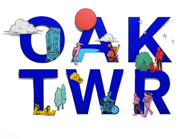 Oakland Tower logo illustrated with fluffy clouds, bountiful nature, and active people