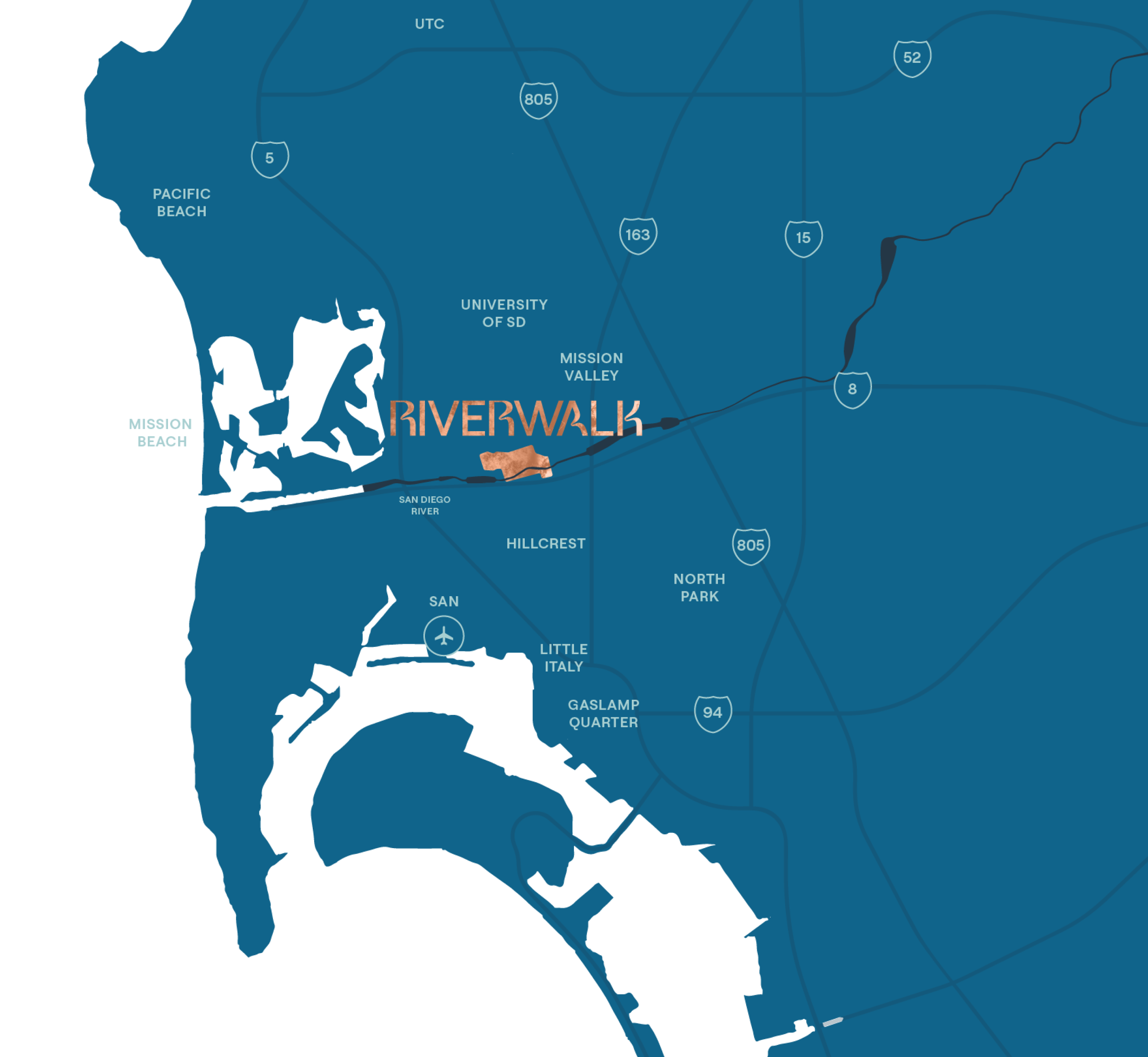 San Diego rmap showing Riverwalk as the region's center with easy access to freeway, neighborhoods, and the airport