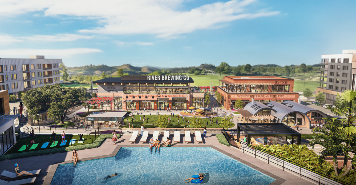 Riverwalk apartment building rooftop pool overlooking Central Green buzzing with people exploring shops, cafes, and patios