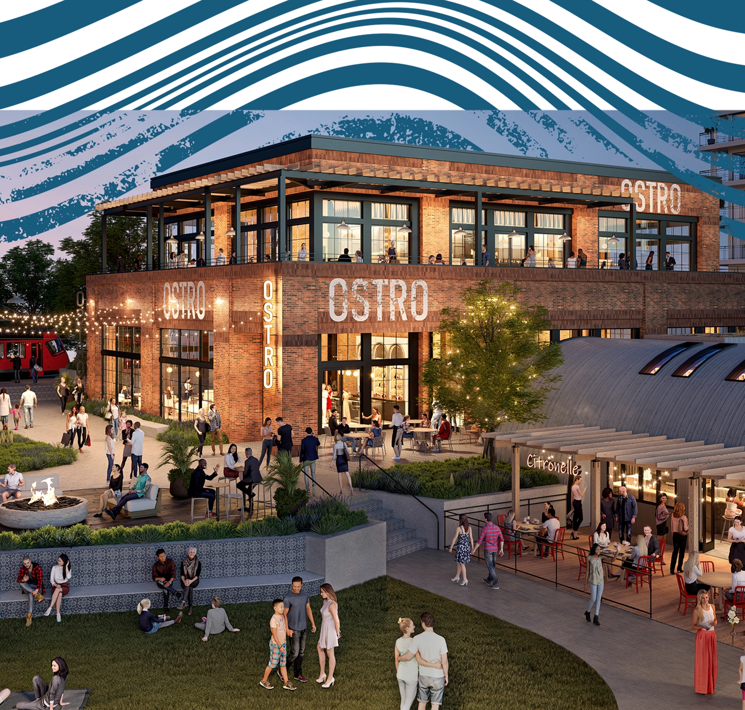Multi-story retail buildings clustered around Riverwalk's people-filled Central Green