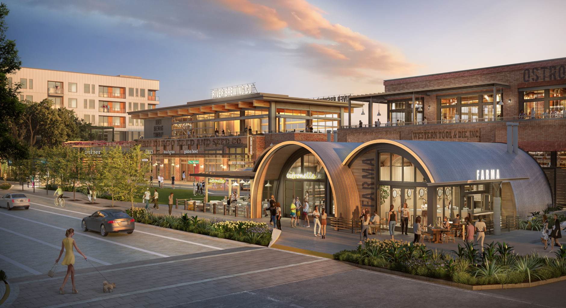 Riverwalk's retail center of rooftop patios and industrial buildings buzzing with pedestrians